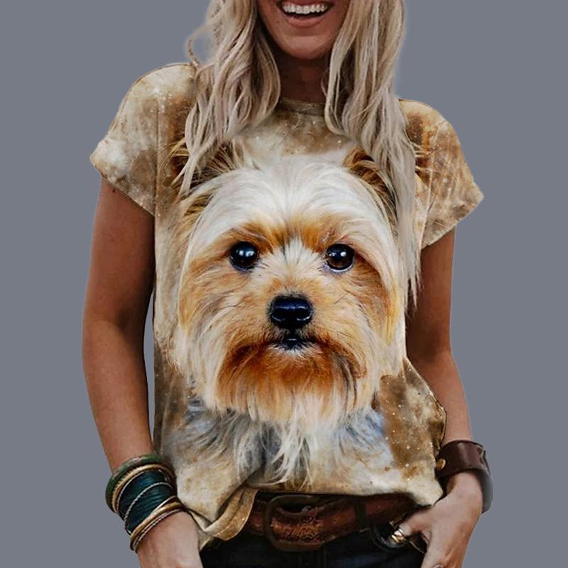 

Женская летняя футболка, футболка с короткими рукавами и принтом длинношерстной собаки, повседневный топ с принтом