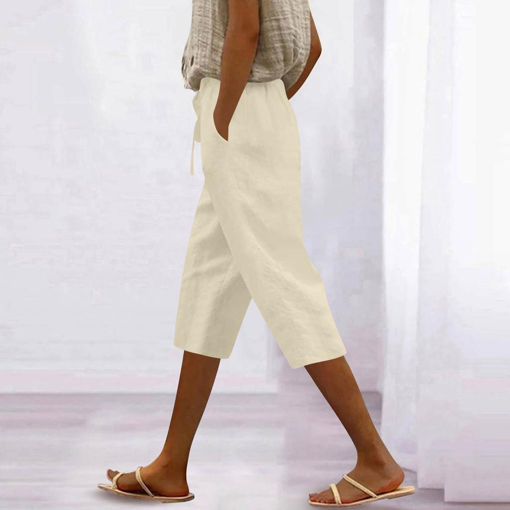 Women’s Linen Cropped Wide Leg Pants with Elastic Waistband and Drawstring Loose Fit Lightweight Trousers for Casual Wear