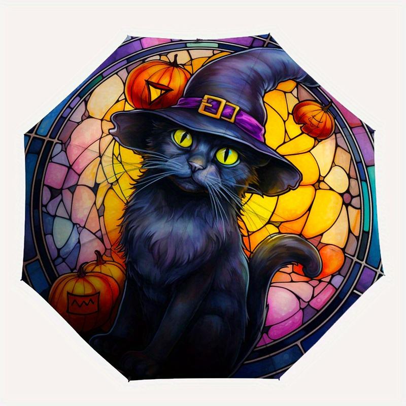 Halloween Witch Cat Stained Window DecalUmbrella, Portable 3-Fold Compact Umbrella,Christmas Gift ES461