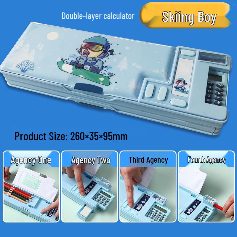 Creative Double-Sided Pencil Case with Calculator for Primary Students