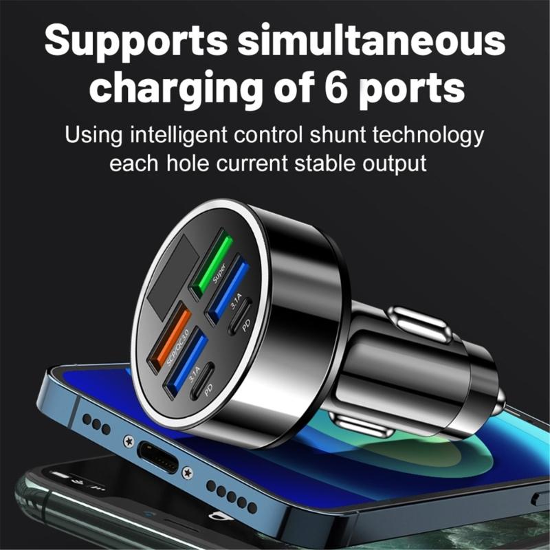6 In 1 MultiPorts USB C Car Charger With Digital Display For Phone Fast Charging Adapter Safe Car Charging Adapter