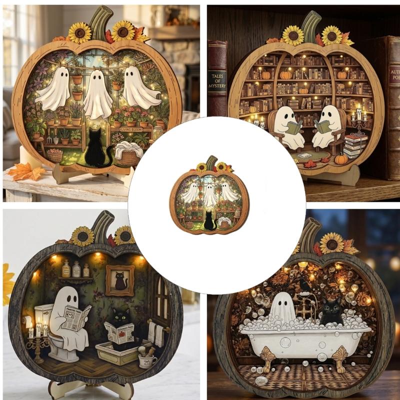 Entry Table Pumpkin Decoration with Wooden Body, Center Scene, and Double Board Build for Shelf and Indoor Holiday Use