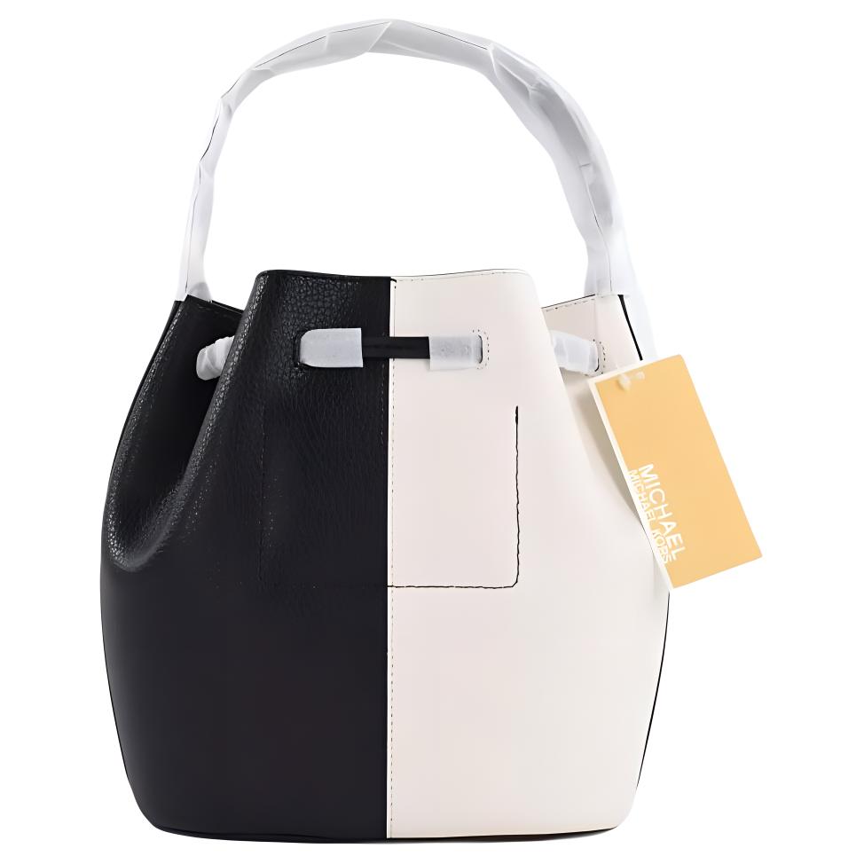 Michael Kors MK Reed Color Block Design Drawstring Closure Leather Bucket Bag Women handbags Black Cream 35F3G6RM2L-987