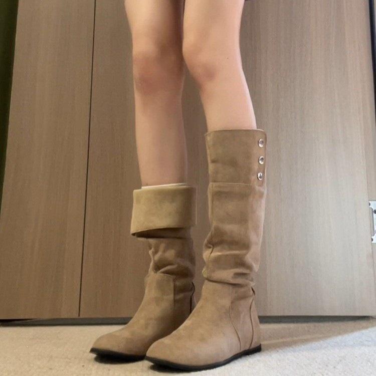 Women's boots tall tube fashion wear inner height increase retro fold two piles of boots women's boots autumn and winter thin new models