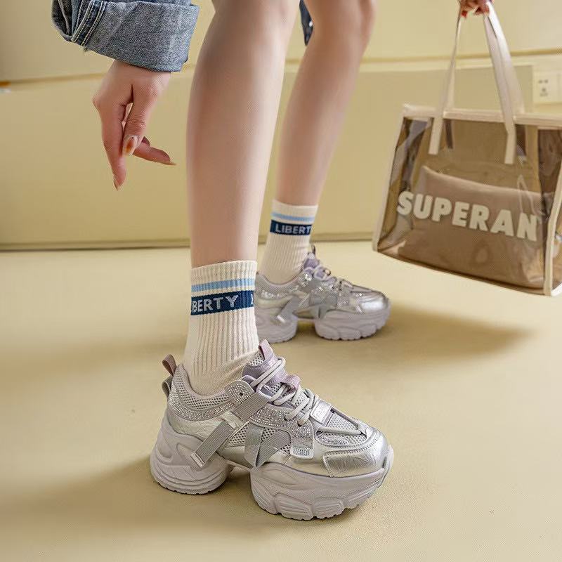 

Leather dad shoes heightened spring rhinestone gram platform small sneakers popular dad 40