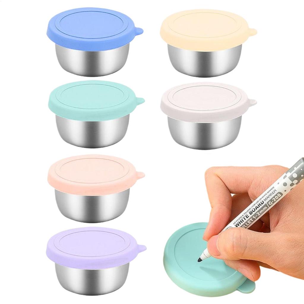 6 Pcs Leakproof Stainless Steel Dipping Sauce Cups Food Containers Reusable Salad Dressing Container Silicone Stretch Lids