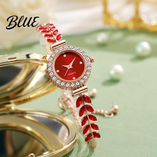Quartz Movement Watch Women Rhinestone Leaf Round Dial Ladies Casual