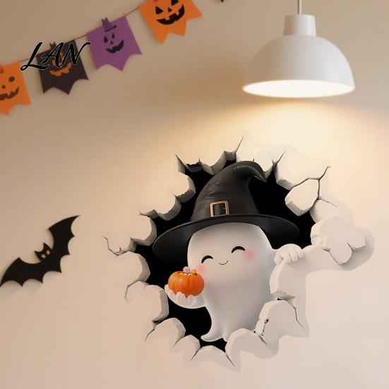 Black Cat Wall Stickers Halloween Stickers, 3D Broken Effect with Ghost Skeleton Pumpkin Bat Decals, Self-Adhesive Temporary Decorations Waterproof