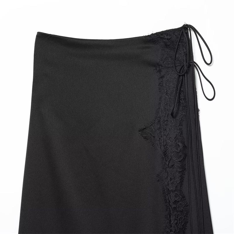 2025 Autumn European & American Style Women's Fashion Lace Satin Midi Skirt