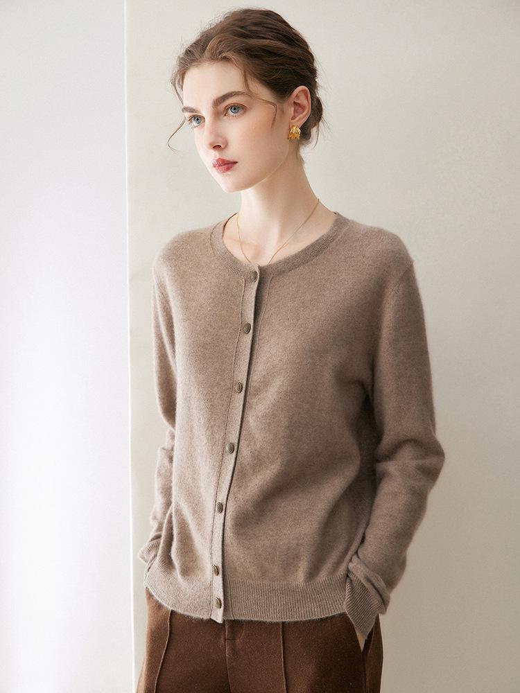 Women's 2026 Autumn/Winter Pure Cashmere Round Neck Cardigan - Single-Breasted, Commuter Style Sweater Jacket