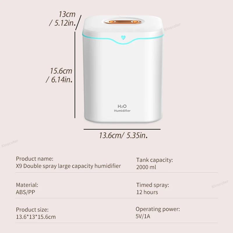 Large Capacity 2L Double Spray Humidifiers USB Ultrasonic Silent Aroma Diffuser Cool Mist Maker Air Purifier for Home Office