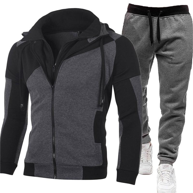 Men's Tracksuit 2Pcs Set Patchwork Color Hooded Jacket  Sweatpants Casual Sportswear Zipper Hoodie Jogger Pants For Men Daily Running Training