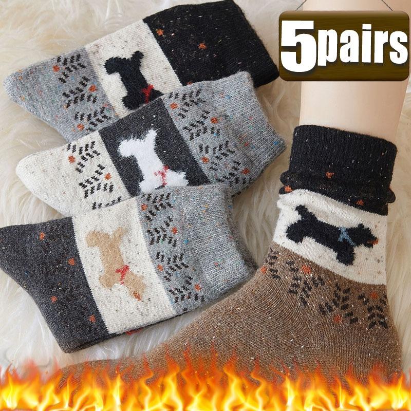 1/5pairs Plush Warm Puppy Socks Women Winter Color Block Mid Calf Soft Fluffy Fabric American Retro Cartoon Design Cozy Cotton