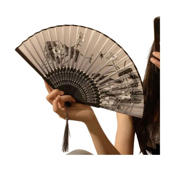 Floral Print Folding Fan with Tassel Chinese Style Hand Held Fan Portable Summer Cooling Fan Dance Performance Party Photo B
