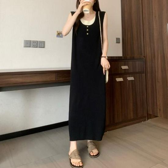 Ärmelloses Colorblock-Zweiteiler-Design Sommerkleid in Übergröße für Damen: Lockeres & Schlankmachendes Langes Kleid