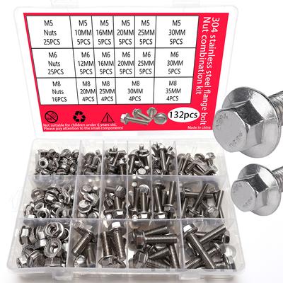 132pcs Stainless Steel Hexagonal Flange Bolt and Nut Set, M5, M6, M8 Flange Bolts and Nuts, Flange Plate, for DIY Projects.