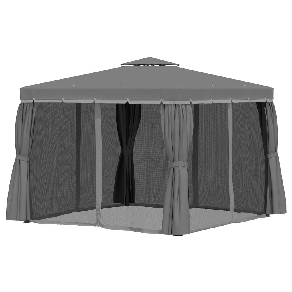 3x3(m) Tettoia Gazebo da Giardino Padiglione Tenda Riparo Tenda da Fiera con Tetto Impermeabile a 2 Livelli, Zanzariera e Tende, Struttura in Alluminio