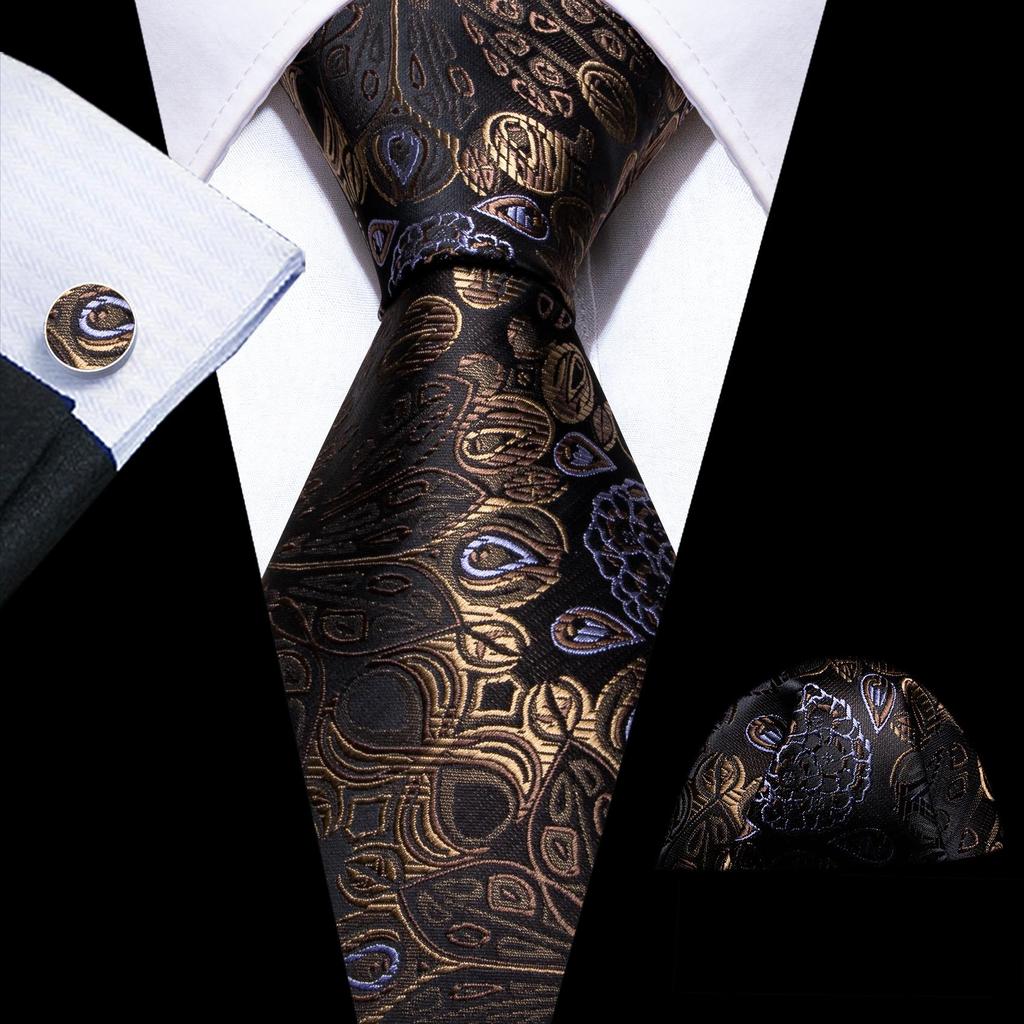 Barry.Wang Necktie Hankerchief Cufflinks Set Purple Blue Black Dots Jacquard Woven Wedding