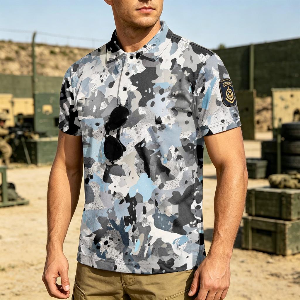 Men's Tactical Polo Shirt Loose Fit Breathable Outdoor Quick Dry Short Sleeve Camouflage Print Collar Shirt with Hook and Loop Patch Area