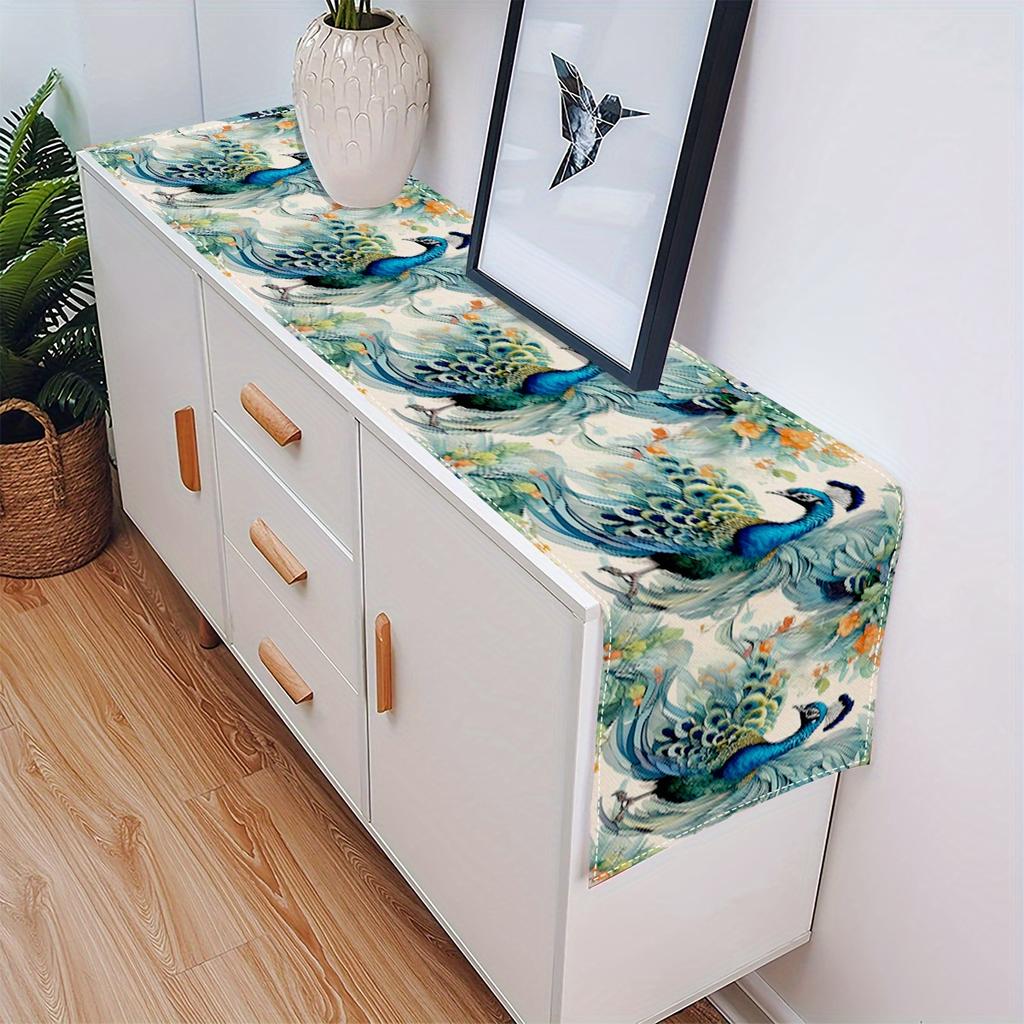 Peacock Ink Painting Style Linen Table Runner Home Decorations Modern Chinese Kitchen Dining Table Runners Holiday Party Decor