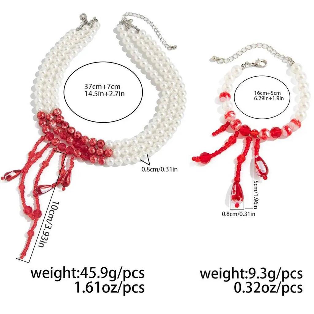 SHIXIN Retro Red Crystal Imitation Pearl Choker Necklace Bracelet Jewelry Set Women Sexy Gothic Party Halloween Accessories