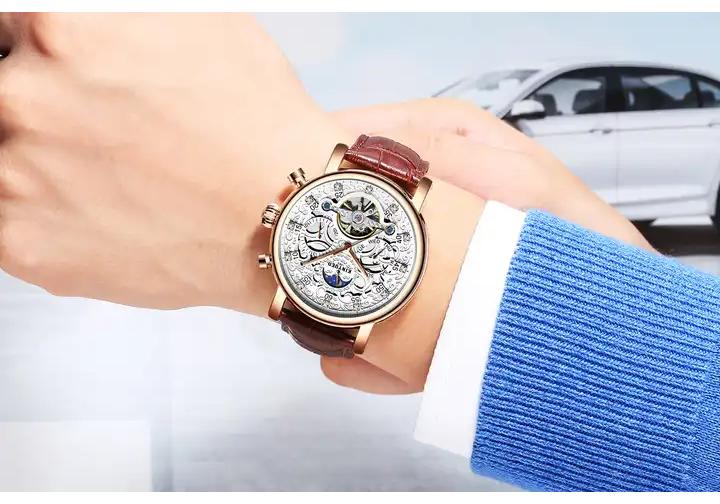 KINYUED J026 Herren Automatikuhr Lederarmband Wasserdicht Große Zifferblätter Dekoration Lässig Uhr Geschäftsleute Mechanische Uhren
