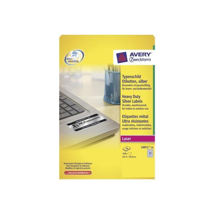 Avery Heavy Duty Laser Labels L6011 Étiquettes polyester argenté(e) 29.6 x 63.5 mm 540 unités (20 feuille(s) x 27)