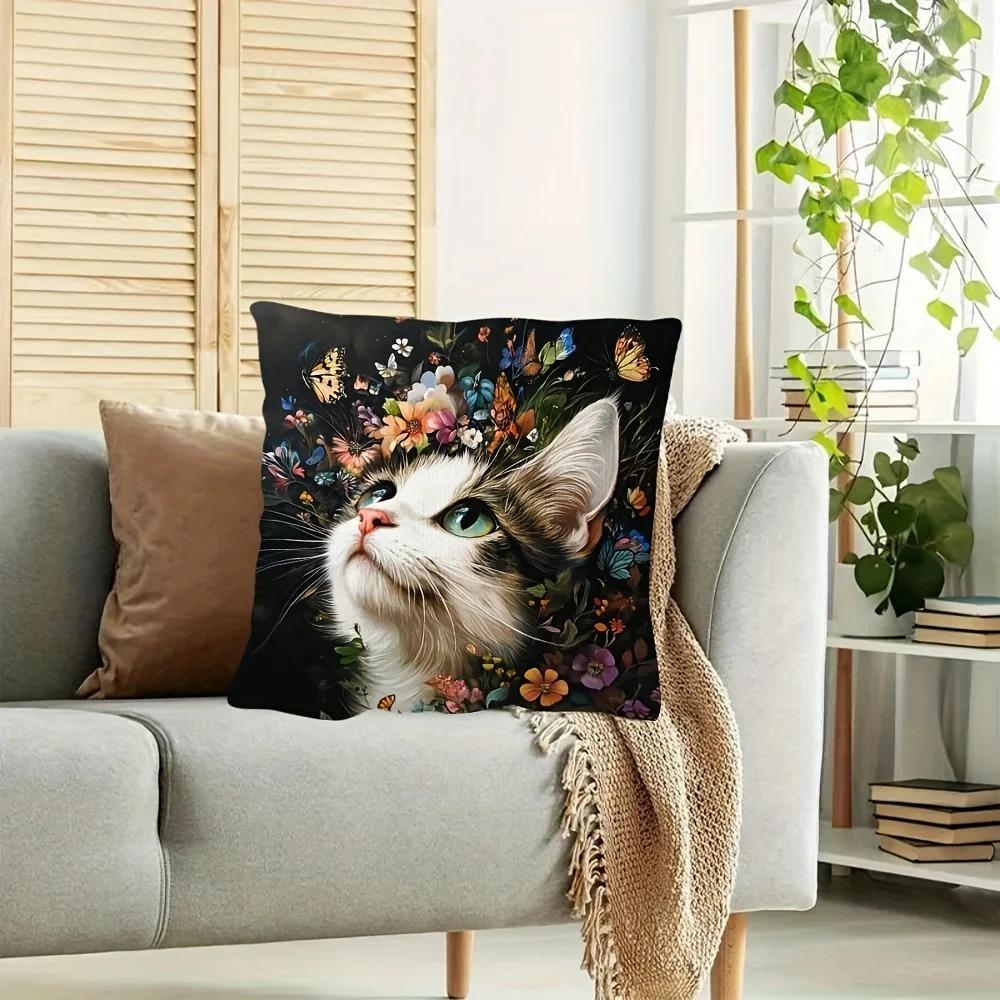 Cute Cat Flowers Butterfly Pillowcase Peach Skin D Flat Printed Floral Pet Cushion Cover for Living Room Sofa Home Decor