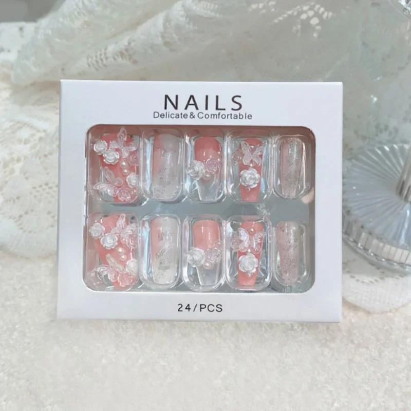 

BEPAN 24Pcs Blue Press-On Nails Set Sparkling Snowflake&Rhinestone Design Long Full Cover Fake Nail Tips for Christmas&Winter Wear