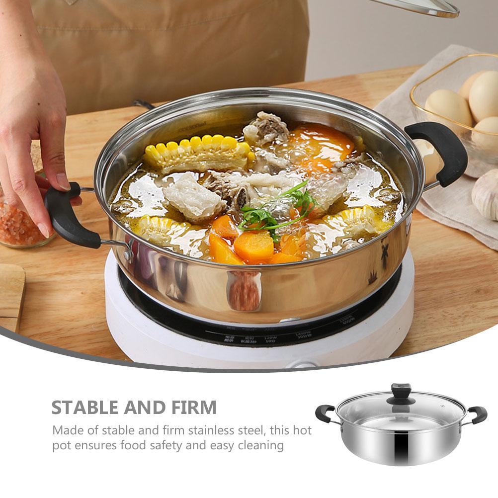Pentola per fonduta in acciaio inossidabile da 28 cm, manico doppio, pentola per brodo, grande capacità, padella per zuppe, pentola calda pratica, fornello, cucina, sala da pranzo
