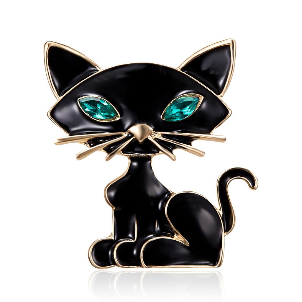 Cartoon Black Enamel Cat Brooches For Women Men Funny Vintage Green Eyes Cute Kitten Buckle Lapel Pins Animal Badge Jewelry Gift