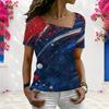 Women Plus Size Asymmetric Neck Short Sleeve Top Vintage American Flag Star Stripe Art Print