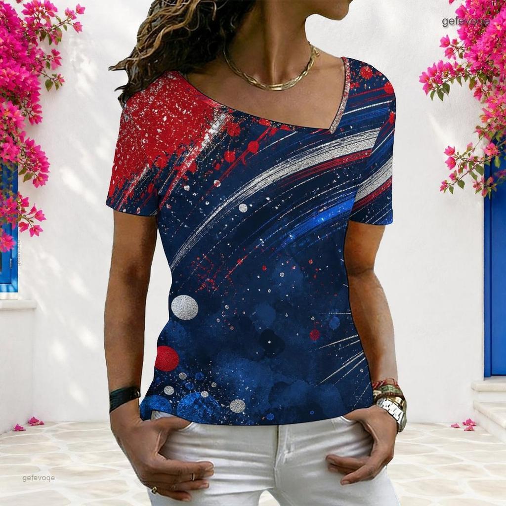 Women Plus Size Asymmetric Neck Short Sleeve Top Vintage American Flag Star Stripe Art Print