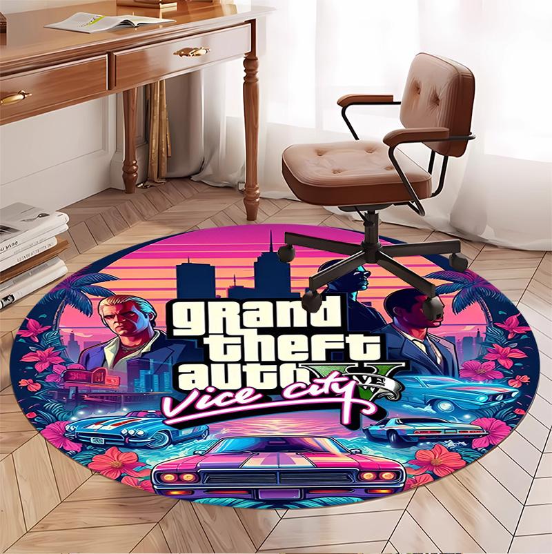Grand Theft Auto VI Pattern Round Rug, Indoor/Outdoor Mat, for Picnic, Gameroom, Bedroom, Office, Living Room, Home Decor Carpet, Birthday Gift