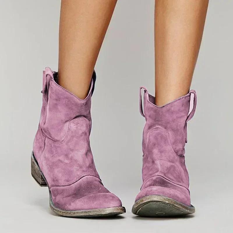 Vintage Cowboy Ankle Boots for Women Pointed Toe Low Heels  Female Autumn Winter Slip On PU Leather Booties 2024