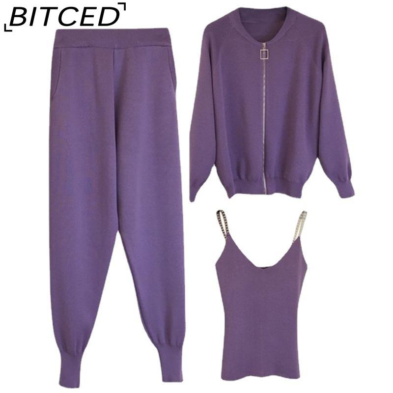 BITCED Women's Vest Knitted Jacket + Small Leg Elastic Pants Three-piece Set