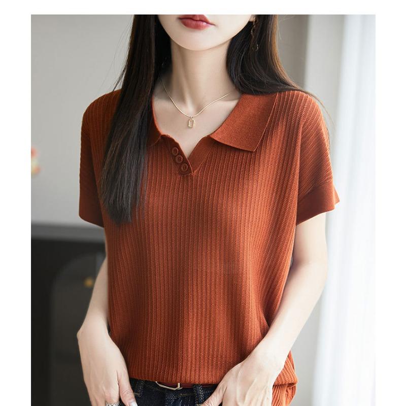 Women Summer New Polo Collar Button V Neck Short Sleeve Ribbed Knit Casual Top