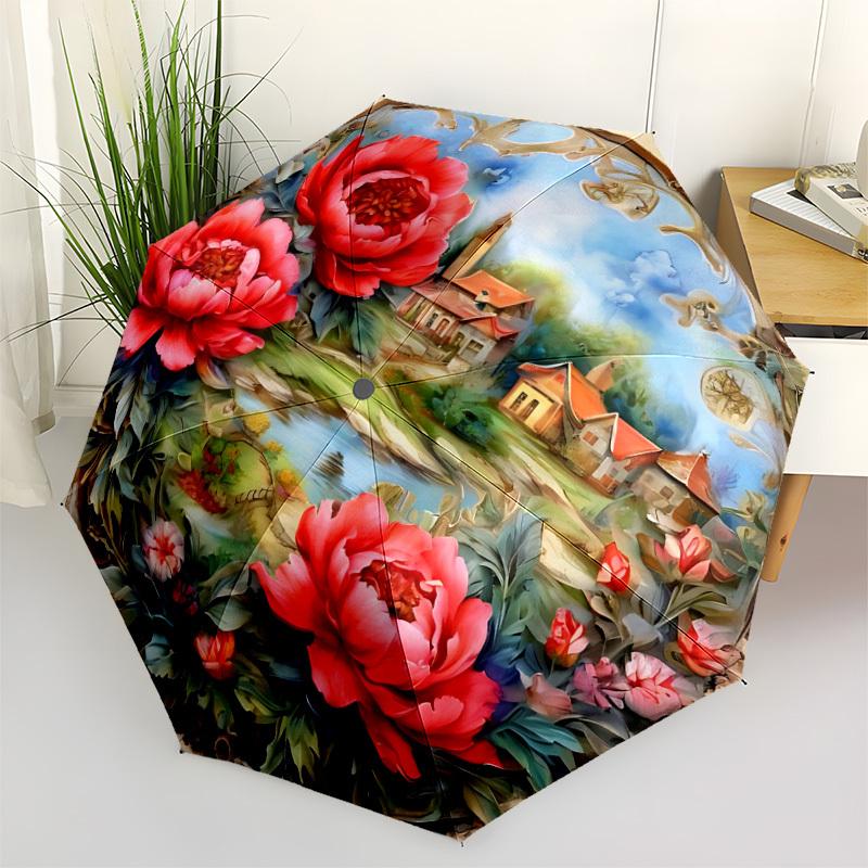 

1pc Floral Landscape Decorative Automatic Folding Umbrella, 8-Rib Iron Frame, Casual Outdoor Accessory for Birthday Festival Gifts yy251128158