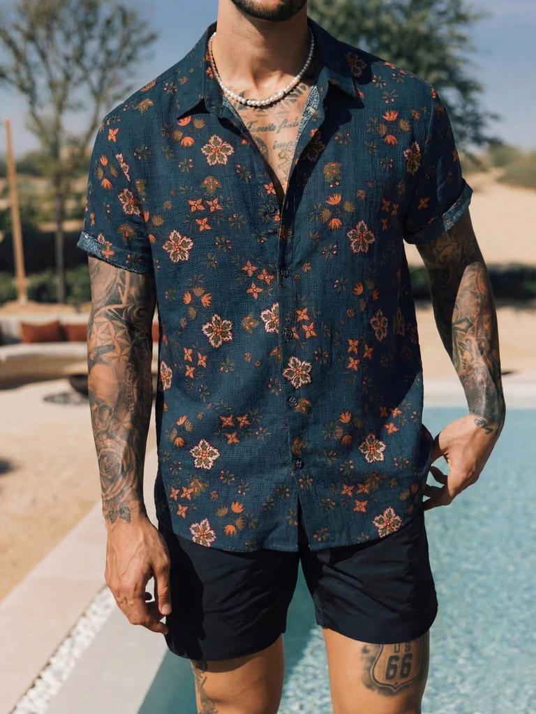 Vintage Western Cowboy Print Kurzarmhemd für Herren