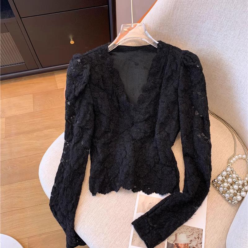 Women's Fluffy Lace Puff Sleeve V-Neck Top - Slimming Autumn/Winter Style