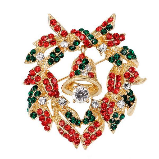 Elegant Gold-Plated Crystal Rhinestone Christmas Bell Wreath Brooch - Fashion Accessory Zhenyao Jewelry