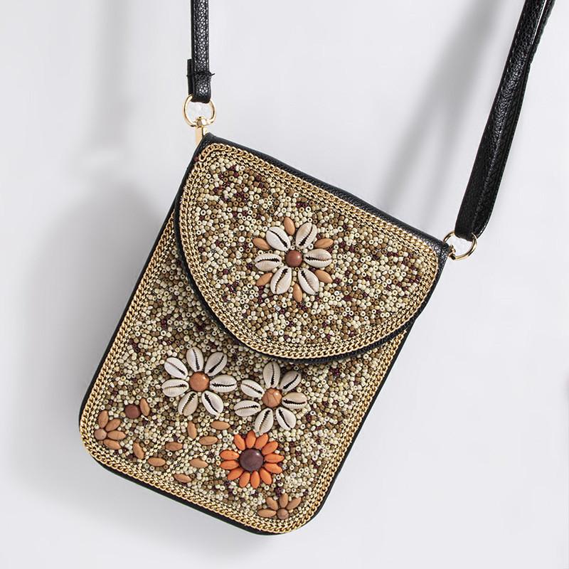 Bohemian Style Pu Flower Embellished Shoulder Bag With Magnet Closure For Daily Use