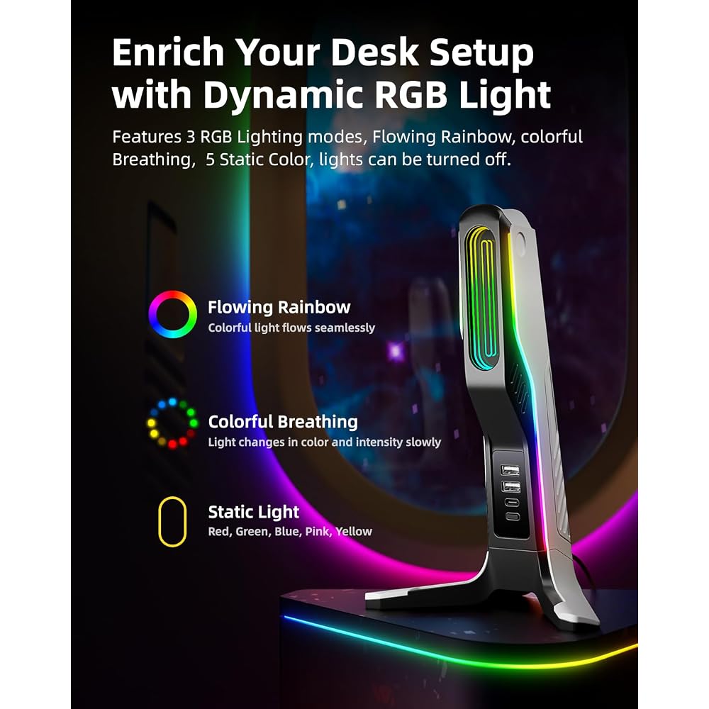 IFYOO RGB Gaming Headset Stand with 2 USB Ports and 1 Type-C Port Black and White Gaming Accessory for PC Xbox PS5 PS4