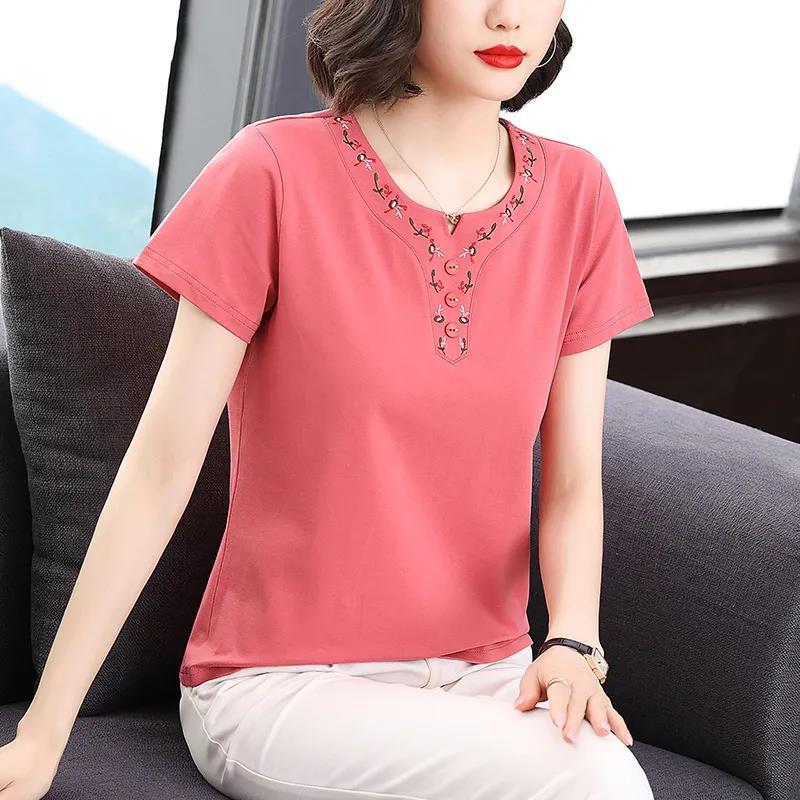 Nové letní dámské jednobarevné prošívané tričko s O-výstřihem, krátkým rukávem, volného střihu, nadměrné velikosti, tenké, s výšivkou, knoflíky, módní, ležérní topy