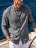 Men's Textured Long Sleeve Mandarin Collar Button-Up Shirt with Roll-Up Sleeves - Lightweight Summer Vacation Beach Top.