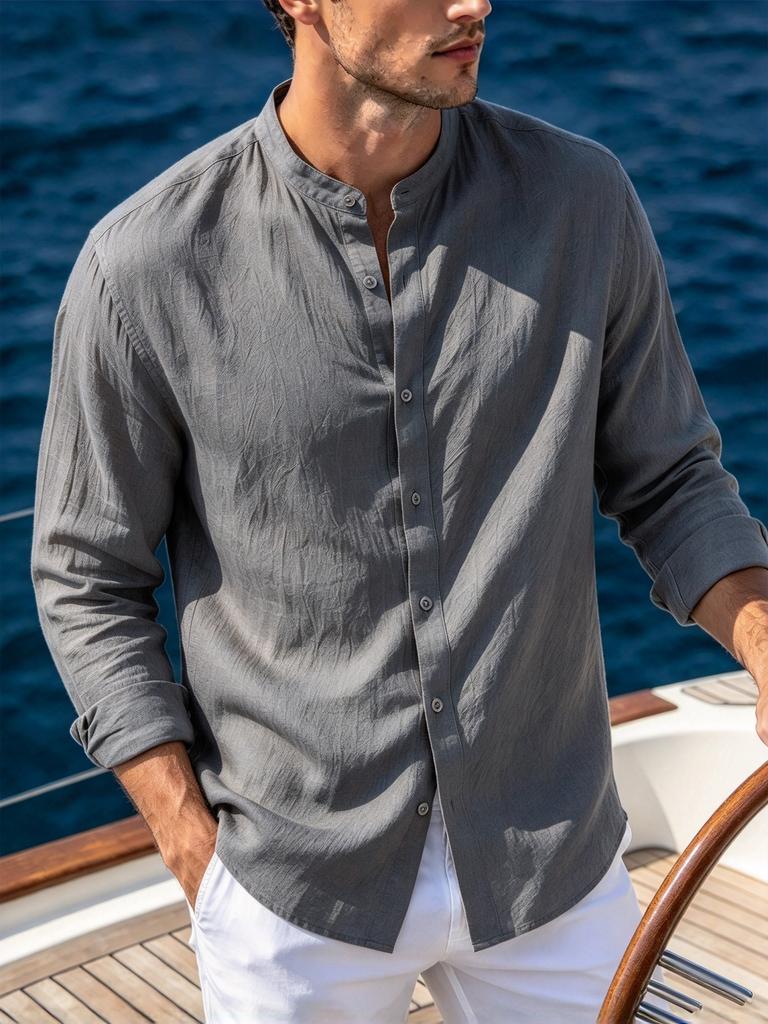 Men's Textured Long Sleeve Mandarin Collar Button-Up Shirt with Roll-Up Sleeves - Lightweight Summer Vacation Beach Top.