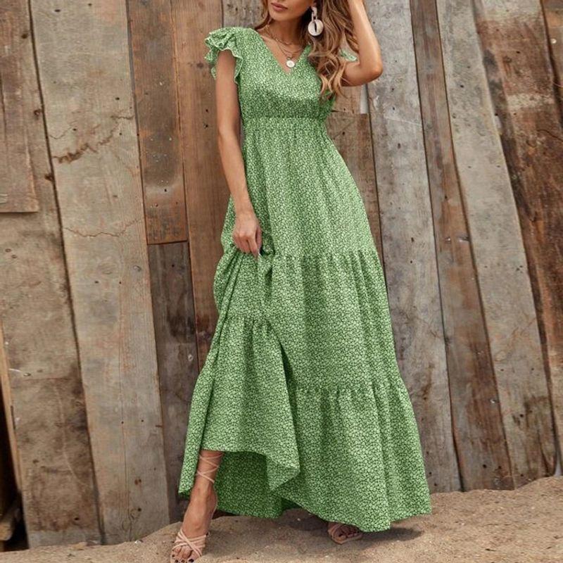 

Cross-Border European and American Women s Clothing 2026 Summer Bohemian V-Neck High-Waist Printed Holiday Long Dress with Floral Patchwork Green M