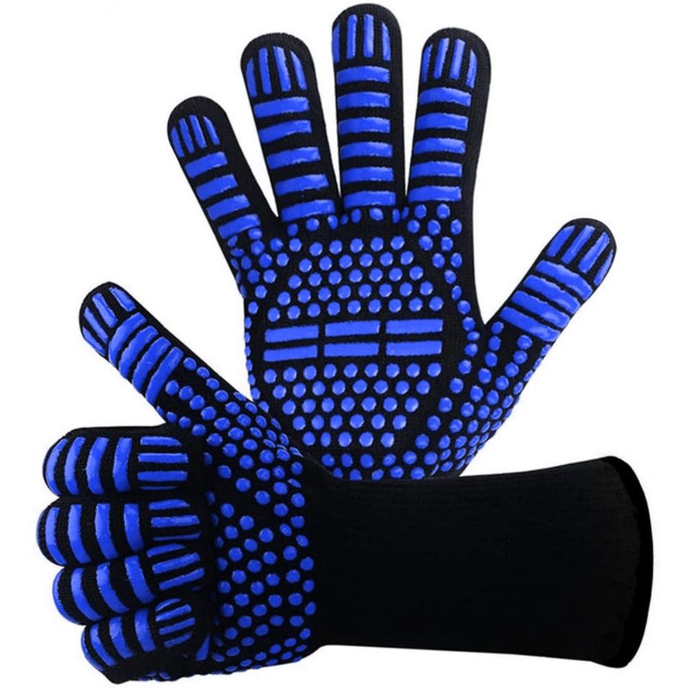 Hitzebeständige und hitzebeständige Grillhandschuhe mit fünf Fingern, wärmeisolierend, mikrowellengeeignet, mit Silikonbeschichtung.