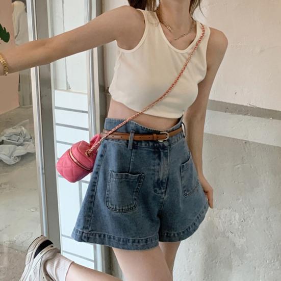 Pantaloni Scurți Denim cu Talie Înaltă pentru Femei Elastici Largi Pantaloni Scurți Jeans Casual cu Picior Lat Pantaloni Scurți de Vară cu Buzunare