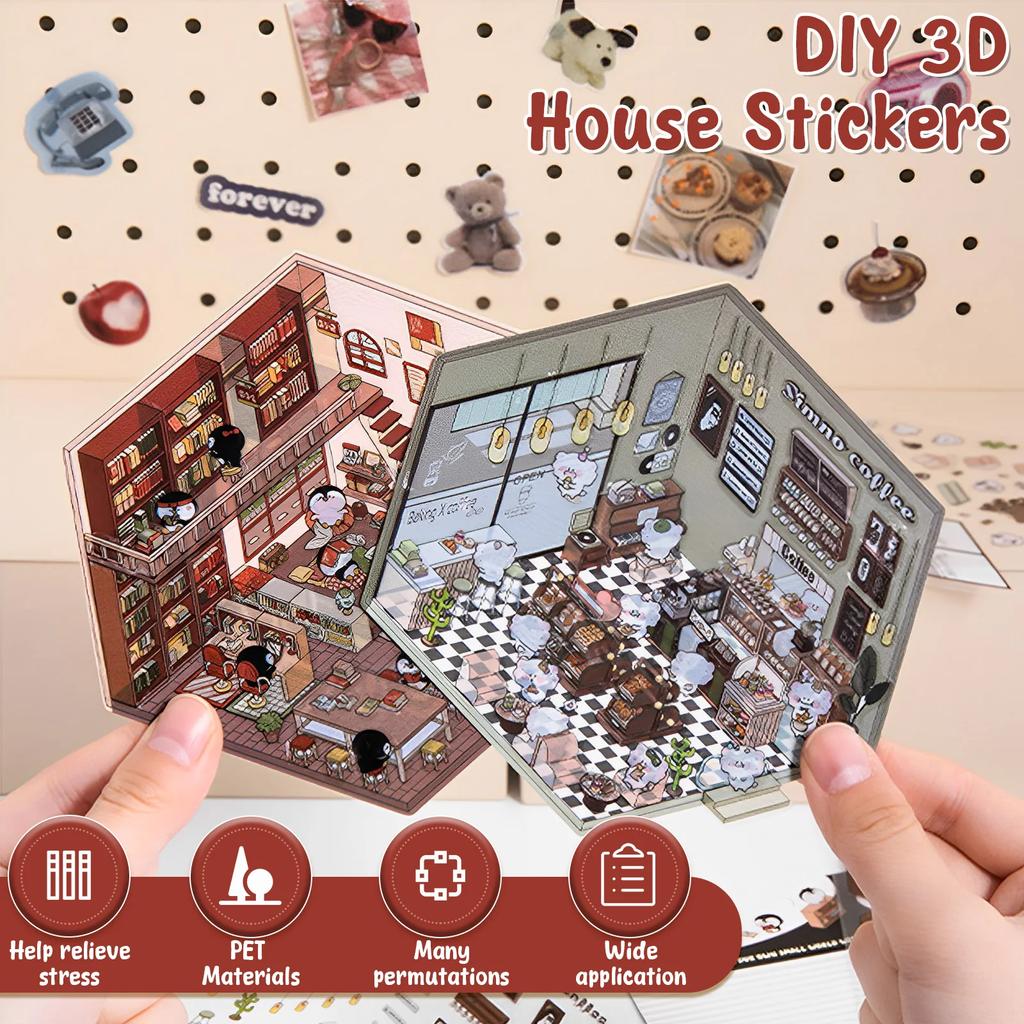 Pegatinas 3D para Casa DIY Lindas Versátiles Pequeña Casa Escena de Casa Pegatinas Reutilizables Pegatinas de Escena de Dibujos Animados Seguras Miniatura 3D